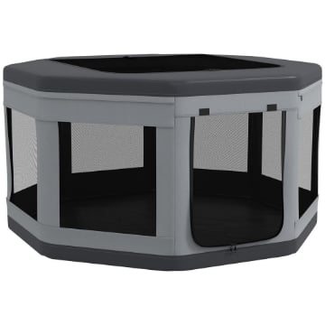 BOX PER CANI E GATTI CON 7 FINESTRE E 2 INGRESSI, IN TESSUTO OXFORD, NYLON E PP, Ø124X62 CM, GRIGIO E NERO