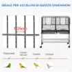 DOPPIA GABBIA PER UCCELLI IN METALLO CON VASSOI ESTRAIBILI, SUPPORTO CON 4 RUOTE E RIPIANO, 95X45.5X102CM, GRIGIO