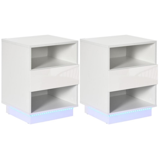 COMODINI MODERNI CON LED, SET 2 PEZZI IN TRUCIOLATO BIANCO CON CASSETTO E 2 RIPIANI APERTI, 40X40X55 CM