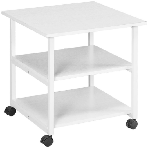 CARRELLO PORTA STAMPANTE A 3 RIPIANI CON 4 RUOTE, LEGNO E ACCIAIO, 50X50X52.5CM, BIANCO