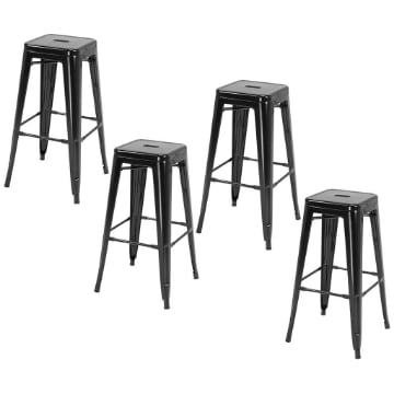 SET 4 SGABELLI DA BAR IN METALLO CON POGGIAPIEDI PER INTERNI ED ESTERNI, 43X43X76 CM, NERO