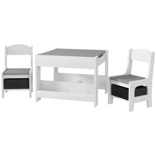 SET TAVOLINO PER BAMBINI E 2 SEDIE, PIANO DEL TAVOLO 2 IN 1 CON LAVAGNA E CONTENITORI, GRIGIO