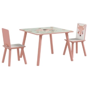 SET TAVOLO E SEDIE 3 PEZZI PER BAMBINI 3-8 ANNI IN MDF E LEGNO DI PINO CON DISEGNI DI ANIMALI, ROSA