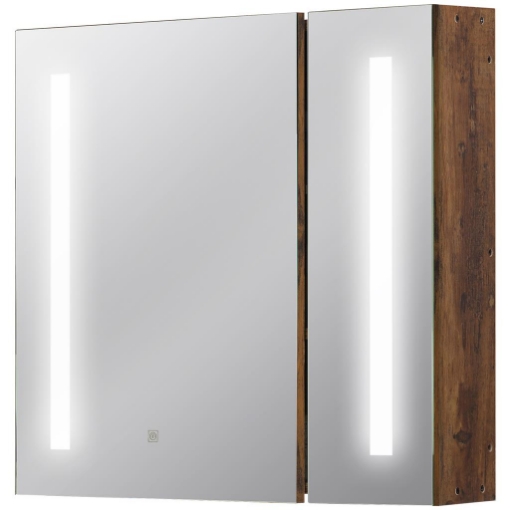 SPECCHIERA BAGNO CON LUCI LED REGOLABILI, 2 ANTE E MENSOLA REGOLABILE, 70X15X65CM, MARRONE