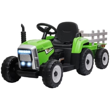 TRATTORE ELETTRICO PER BAMBINI 3-6 ANNI CON RIMORCHIO RIMOVIBILE, BATTERIA 12V E TELECOMANDO, VERDE