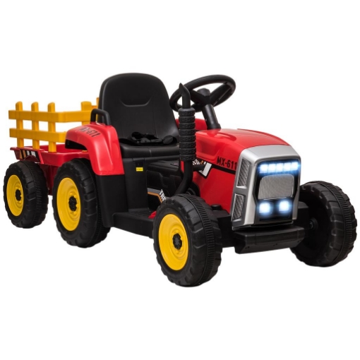 TRATTORE ELETTRICO PER BAMBINI 3-6 ANNI CON RIMORCHIO RIMOVIBILE, BATTERIA 12V E TELECOMANDO, ROSSO