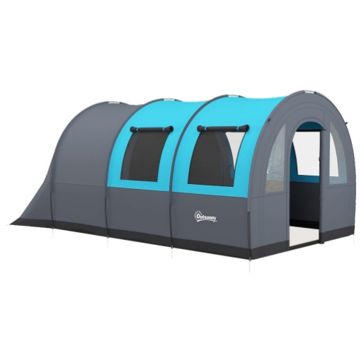 TENDA DA CAMPEGGIO 5 POSTI IMPERMEABILE CON ZONA NOTTE E GIORNO, IN POLIESTERE, 480X260X200 CM, GRIGIO E BLU