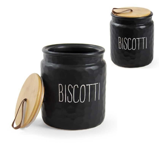 PORTA BISCOTTI MODELLO ONDULATO 15 X 18 CM NERO CON TAPPO IN LEGNO OKX