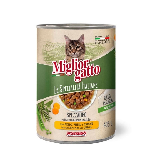 MIGLIOR GATTO SPECIALITÀ ITALIANE BOCCONCINI DI SPEZZATINO CON POLLO PISELLI E CAROTE 405 GR OKX