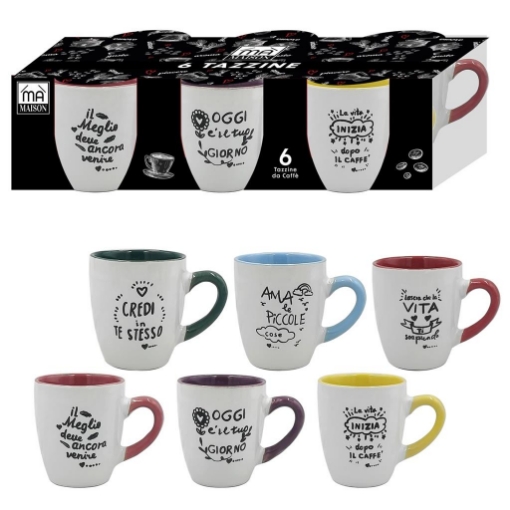 SET 6 TAZZINE CAFFÈ FANTASIA MULTICOLOR CON SCRITTA SIMPATICA OKX