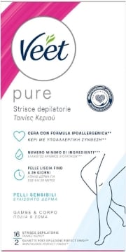 VEET STRISCE DEPILATORIE VISO + CORPO E ZONA BIKINI IPOALLERGENICHE16 STRISCE + SALVIETTE POST-EPILAZIONE OKX