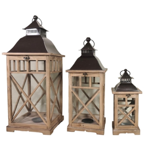 MA MAISON SET 3 LANTERNE MODELLO STRASBURFO IN LEGNO CON VETRO E PORTA CANDELA COLORE SCURO OKX