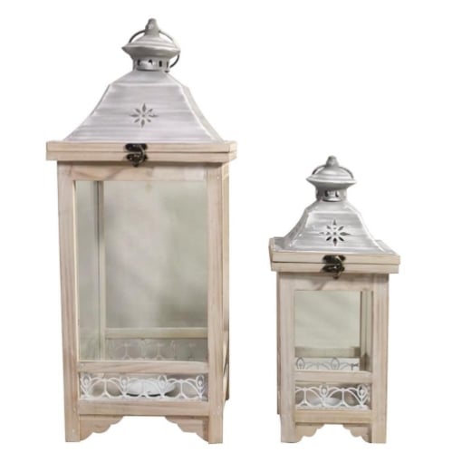 MA MAISON SET 2 LANTERNE AMSTERDAM CON VETRO E PORTA CANDELA IN COLORE BIANCO LEGNO OKX