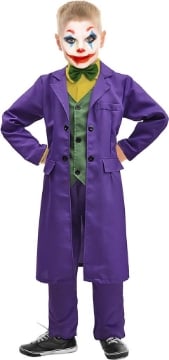 JOKER COSTUME DA BAMBINO IN TESSUTO COLOR VIOLA CON MANTELLO LUNGO E PANTALONI A SIGARETTA 10-12 ANNI