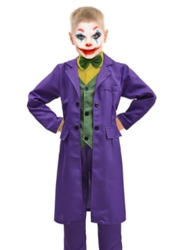 JOKER COSTUME DA BAMBINO IN TESSUTO COLOR VIOLA CON MANTELLO LUNGO E PANTALONI A SIGARETTA 8-10 ANNI