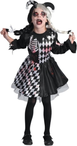 HARLEQUIN COSTUME HORROR GIRL ABITO BIANCO E NERO + CERCHIETTO ANNI 5-7