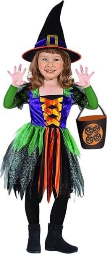 COSTUME BABY STREGA HALLOWEEN BAMBINA CON BORSA PORTADOLCI DOLCETTO O SCHERZETTO 4-6 ANNI 