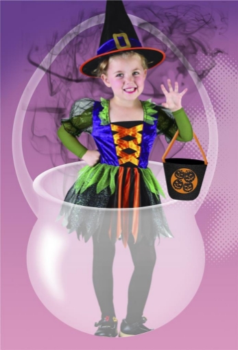 COSTUME BABY STREGA HALLOWEEN BAMBINA CON BORSA PORTADOLCI DOLCETTO O SCHERZETTO 3-4 ANNI 