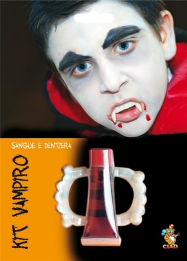 KIT VAMPIRO DENTIERA + SANGUE FINTO PER RAGAZZI PER UN LOOK PAUROSO 