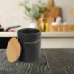 BARATTOLO PER ZUCCHERO TONDO 10X13 CM CON TAPPO ERMETICO IN LEGNO COLORE NERO 