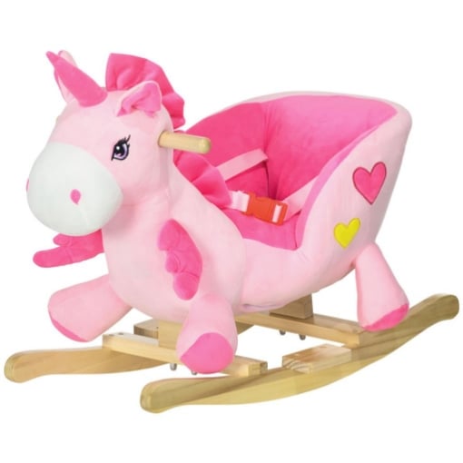 CAVALLO A DONDOLO UNICORNO CON 32 CANZONI, BASE IN LEGNO E CINTURA DI SICUREZZA, ETÀ 18-36 MESI, ROSA