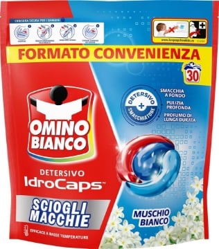 OMINO BIANCO IDROCAPS DETERSIVO LAVATRICE IN CAPSULE SCIOGLI MACCHIE 30 LAVAGGI PER BASSE TEMPERATURE MUSCHIO BIANCO OKX