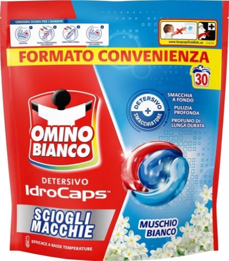 OMINO BIANCO IDROCAPS DETERSIVO LAVATRICE IN CAPSULE SCIOGLI MACCHIE 30 LAVAGGI PER BASSE TEMPERATURE MUSCHIO BIANCO OKX