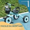 TRICICLO PER BAMBINI DA 2-5 ANNI CON SEDUTA REGOLABILE E CAMPANELLO, 70.5X50X58CM, BLU