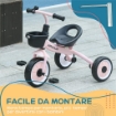 TRICICLO PER BAMBINI DA 2-5 ANNI CON SEDUTA REGOLABILE E CAMPANELLO, 70.5X50X58CM, ROSA