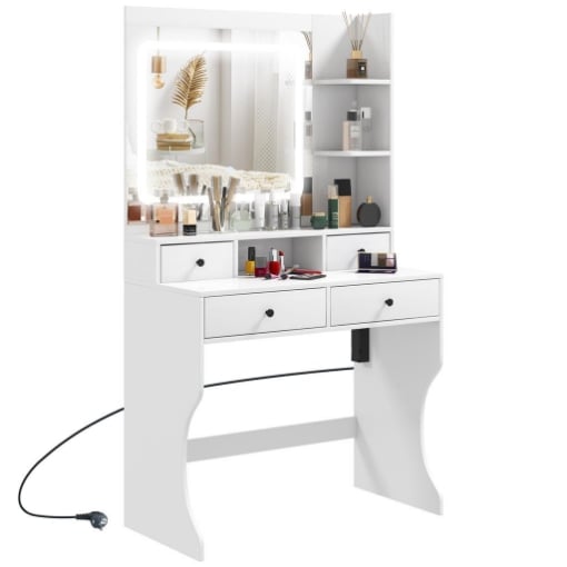 TOELETTA TRUCCO CON LUCI LED 3 TONALITÓ E SPECCHIO, PRESE USB, 4 CASSETTI E MENSOLE, 90X45X160CM, BIANCO