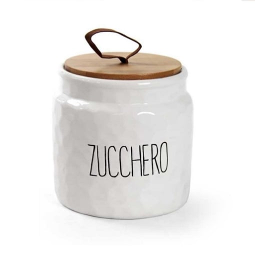 BARATTOLO MODELLO ONDULATO PER ZUCCHERO 14 CM BIANCO CON TAPPO IN LEGNO