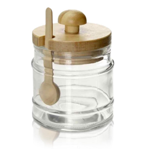 BARATTOLO DA CUCINA IN VETRO CON CUCCHIAIO E TAPPO IN LEGNO 8X11CM CAPIENZA 300ML