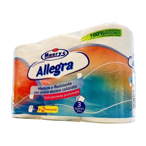 MAURY'S SET 4+2 ROTOLI CARTA IGIENICA ALLEGRA A 3 VELI CON DECORAZIONE IN COLORE AZZURRO