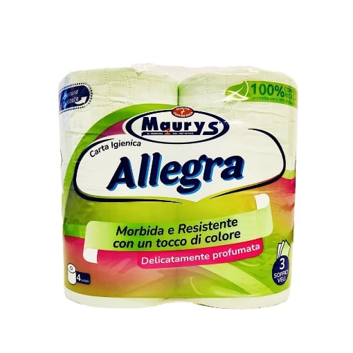 MAURY'S SET 4 ROTOLI CARTA IGIENICA ALLEGRA A 3 VELI VERDE DELICATAMENTE PROFUMATA DA 550GR