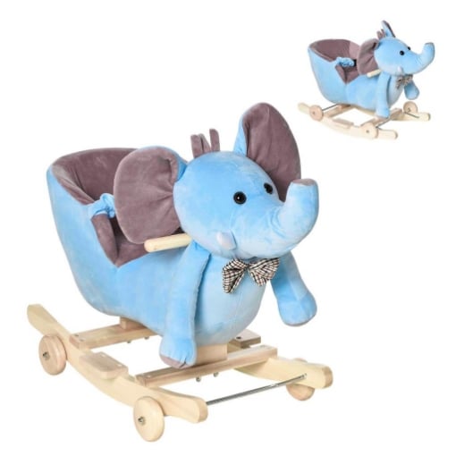 ANIMALE A DONDOLO A FORMA DI ELEFANTE CON ROTELLE E CINTURA, IN PELUCHE, LEGNO E ACCIAIO, 60X35X45 CM, BLU