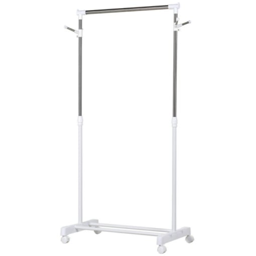 APPENDIABITI STENDER AD ALTEZZA REGOLABILE CON FONDO PORTAOGGETTI E 4 RUOTE, 68.5X42X87-145 CM