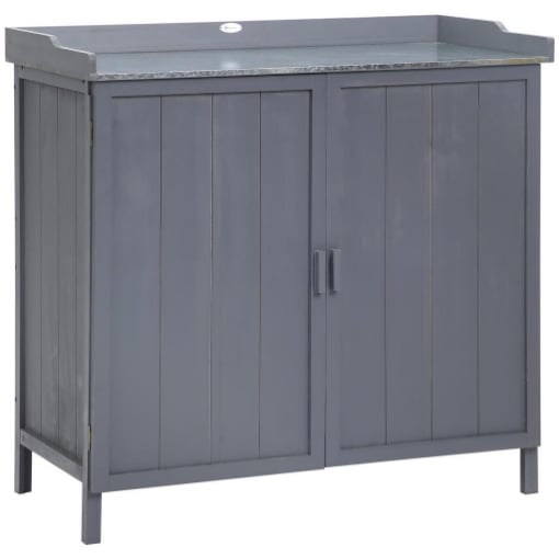 ARMADIETTO DA ESTERNO IN LEGNO CON PIANO IN METALLO E 2 RIPIANI PORTA ATTREZZI, 98X48X95.5 CM, GRIGIO