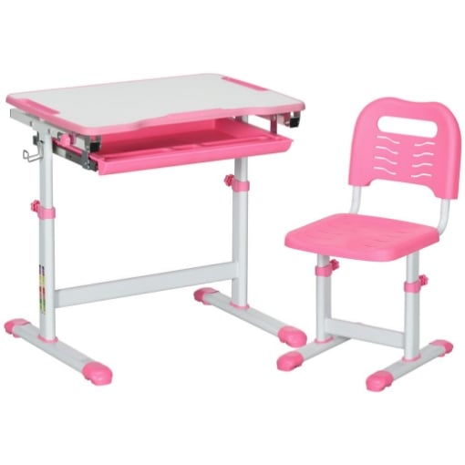 BANCO SCUOLA PER BAMBINI 6-12 ANNI CON SEDIA E ALTEZZA REGOLABILE, PIANO INCLINABILE, 66X47X52-77 CM, ROSA