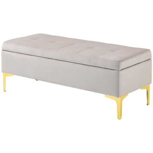 PANCA CONTENITORE FONDO LETTO CON TESSUTO VELLUTATO E GAMBE DORATE, 120X44X44.5CM, GRIGIO CHIARO