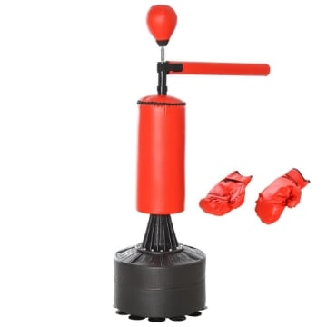 SACCO DA BOXE AD ALTEZZA REGOLABILE CON PUNCHING BALL E BASE RIEMPIBILE, 88X48X155-205 CM, ROSSO E NERO