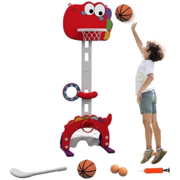 CANESTRO BASKET PER BAMBINI 5 IN 1 CON ALTEZZA REGOLABILE, PORTA DA CALCIO E GOLF, ETÓ 3-6 ANNI, ROSSO