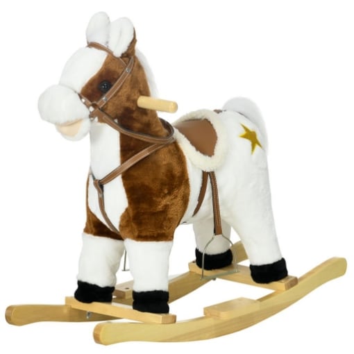 CAVALLINO A DONDOLO PER BAMBINI DA 3-6 ANNI IN PELUCHE CON SUONI, 68X26X62CM, MARRONE