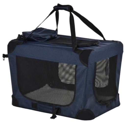 BORSA PER CANI A 3 INGRESSI CON CUSCINO E SACCHE PORTAOGGETTI, IN TESSUTO OXFORD BLU E METALLO, 70X51X50 CM