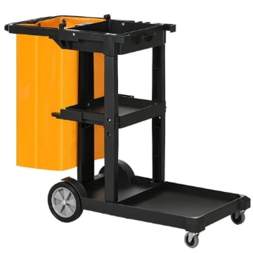 CARRELLO PULIZIE A 3 RIPIANI CON GANCI E SACCO DA 100L, 121X50.5X96.5 CM, NERO GIALLO E GRIGIO