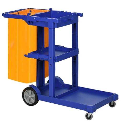 CARRELLO PULIZIE A 3 RIPIANI CON GANCI E SACCO DA 100L, 121X50.5X96.5 CM, BLU GIALLO E GRIGIO