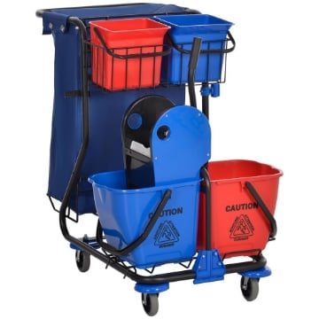 CARRELLO PULIZIE CON SACCO PER IMMONDIZIA, 4 SECCHI E STRIZZATORE PER MOCIO, 93X80X97 CM, ROSSO BLU E NERO