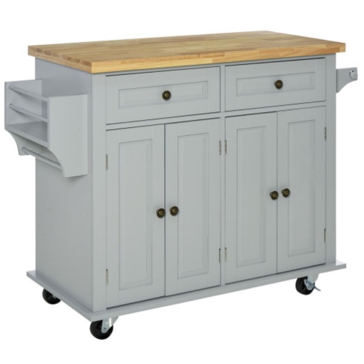 CARRELLO DA CUCINA CON 2 CASSETTI E 2 ARMADIETTI, PIANO IN LEGNO, PORTASPEZIE E PORTA CANOVACCI, GRIGIO