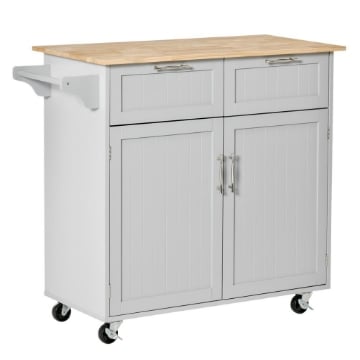 CARRELLO DA CUCINA MULTIUSO IN LEGNO CON 2 CASSETTI, ARMADIETTO E 4 RUOTE, 104X46X91CM, GRIGIO