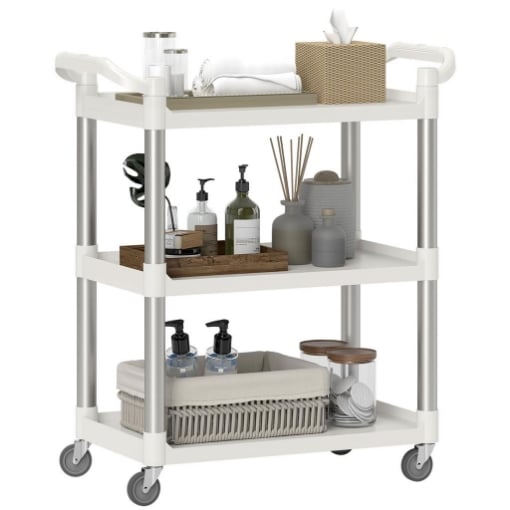 CARRELLO PORTAVIVANDE A 3 LIVELLI IN PP E LEGA DI ALLUMINIO, 88X44X93 CM, BIANCO E ARGENTO