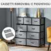 CASSETTIERA CON 9 CASSETTI IN TESSUTO PIEGHEVOLI E STRUTTURA IN ACCIAIO E LEGNO, 100X30X100CM, NERO E GRIGIO